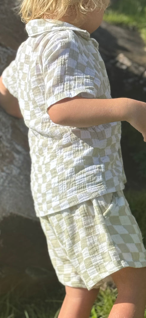 sage and white checkered shirt and shorts set eco friendly cotton