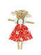 Toy deer in a red dress with white patterns on a white background
