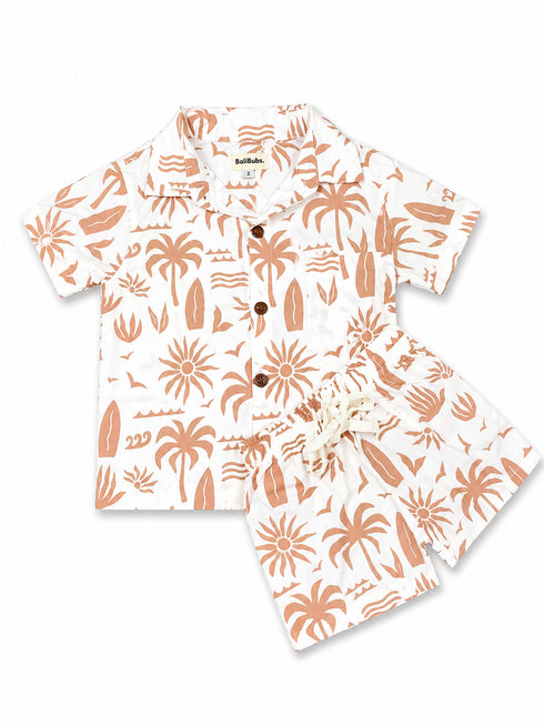 Tropical off white and brown linen shirt set handmade in eco friendly material
