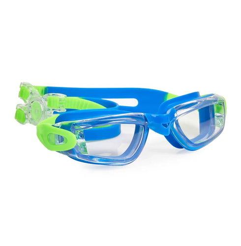 Blue and green swim goggles on a white background