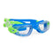 Blue and green swim goggles on a white background