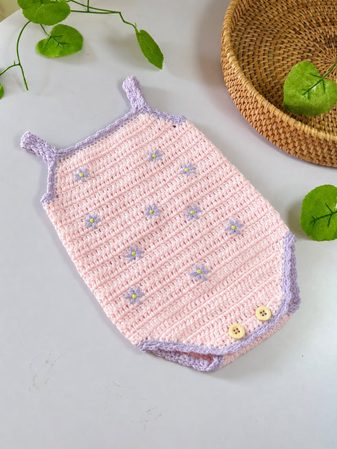 Handmade cotton crochet baby romper for 3-6 months, made in Bali by Bali Bubs