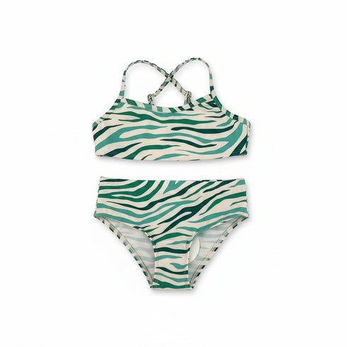 Two-piece swimsuit with green and white zebra pattern on a white background