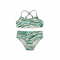 Two-piece swimsuit with green and white zebra pattern on a white background