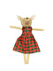 Stuffed animal toy with a red and green plaid dress on a white background