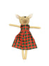 Stuffed animal toy with a red and green plaid dress on a white background