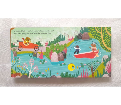 Illustrated book page with a river scene, cars, and animals on a white background