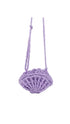 A small lavender crocheted purse with a matching braided shoulder strap