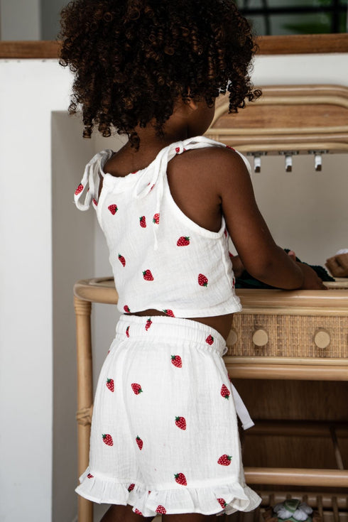 Child wearing a white dress with red strawberry patterns, standing in front of a wooden chair.