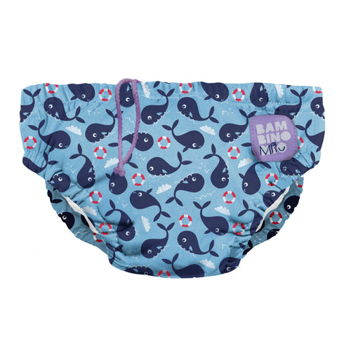 Reusable swim diapers for children, featuring a light blue background with a pattern of dark blue whales.