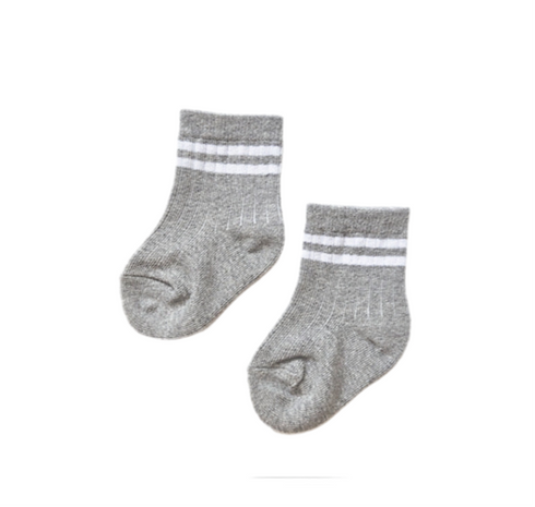 Pair of gray socks with white stripes