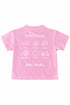 Pink t-shirt with white text and graphics on a white background