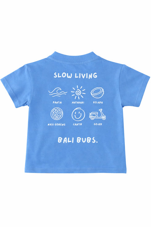 Blue t-shirt with white text and graphics on a white background