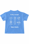 Blue t-shirt with white text and graphics on a white background