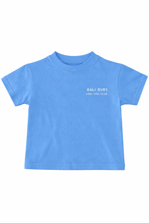Blue t-shirt with 'Bali Bubs' text on a white background