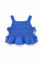 Blue crochet top with ruffled bottom on a white background