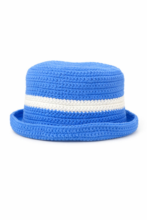 Blue and white striped woven hat on a white background