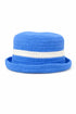 Blue and white striped woven hat on a white background
