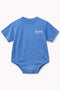 Blue baby onesie with 'Bali Bubs' text on a white background