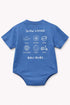 Blue baby onesie with white text and graphics on a white background