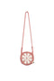 Pink beaded handbag with a circular design on a white background