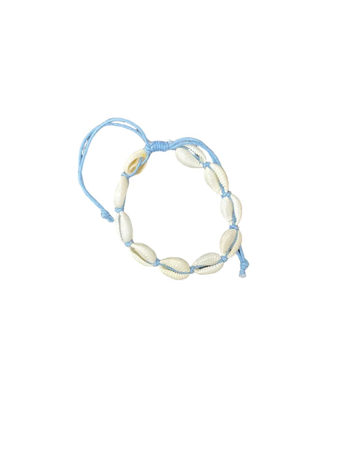 Bracelet with blue string and white beads on a white background