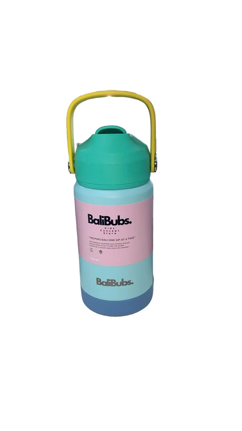 Colorful water bottle with a yellow handle on a light surface.