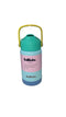 Colorful water bottle with a yellow handle on a light surface.