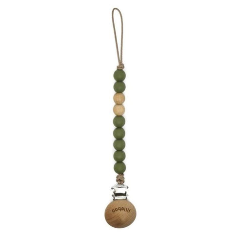 Beaded pacifier clip with wooden ball and 'Pacifier' text on a white background