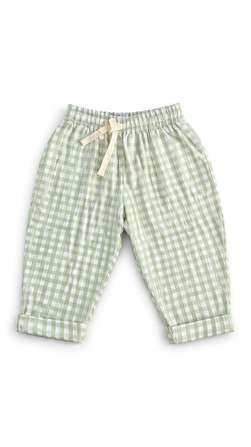 Green and white gingham cotton unisex pants
