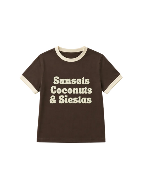 sunsets coconuts and siestas brown kids tee