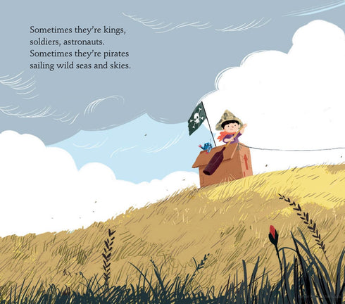 Illustration of a child in a cardboard box on a grassy hill with a blue sky and clouds.