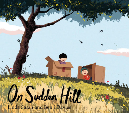 Illustrated book cover of 'On Sudden Hill' with two children in cardboard boxes under a tree.