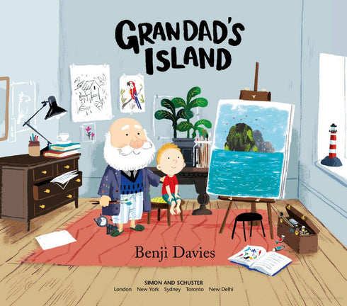 Book cover of 'Grandad's Island' by Benji Davies, featuring an illustration of a man and a child in a room with art supplies.