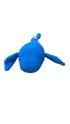 Blue crocheted toy on a white background