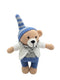 A crocheted teddy bear doll wearing a blue and white striped pointed hat