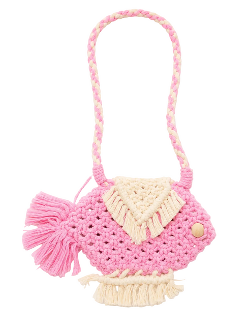 A pink crocheted shoulder bag with cream-colored fringe details, a matching braided shoulder strap