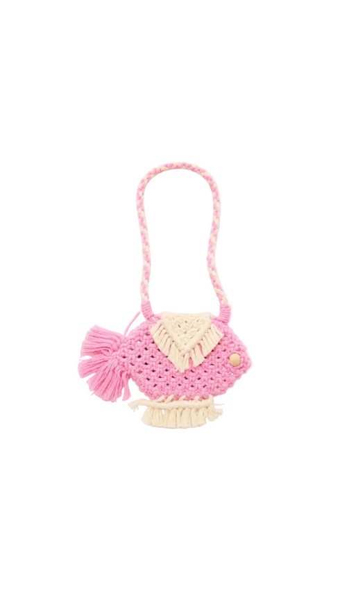 A pink crocheted shoulder bag with cream-colored fringe details, a matching braided shoulder strap