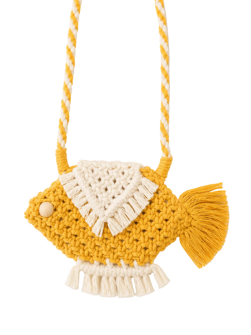 A yellow and white crocheted fish-shaped shoulder bag