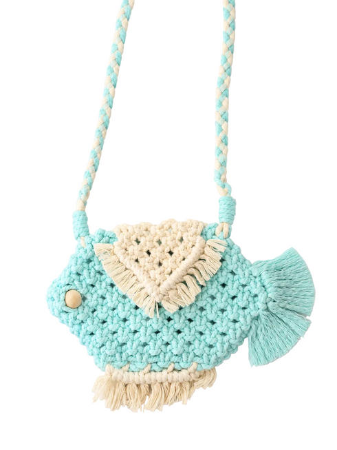 A handmade crochet fish-shaped shoulder bag in light blue and cream
