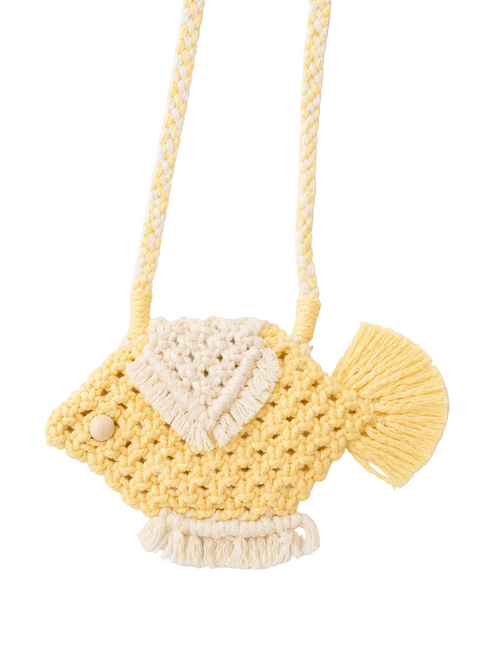 A crocheted fish-shaped shoulder bag in pale yellow and cream