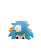 A crocheted plush toy crab in light blue, beige, and white, photographed on a clean white background.