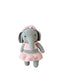 A crocheted stuffed elephant toy wearing a pink dress