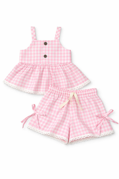 Pink gingham dress and shorts set