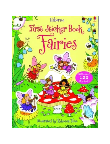 Cover of 'First Sticker Book Fairies' with colorful fairies and stickers on a green background.
