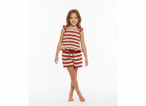 red and off white crochet girls set handmade in indonesia by local artisans.