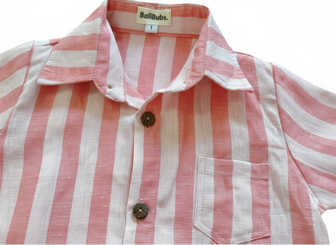 Pink and white striped shirt with 'BallBubs' label on a white background