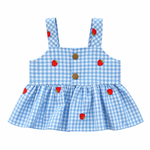 Blue gingham dress with strawberry details on a white background