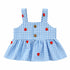 Blue gingham dress with strawberry details on a white background