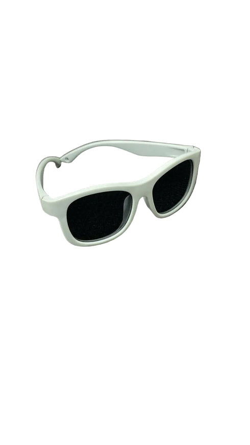 Light blue sunglasses on a gray textured surface